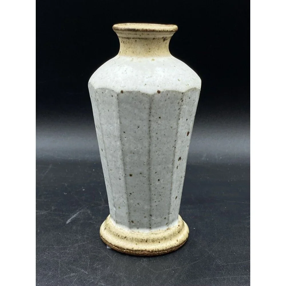 Stoneware Vase Flowers Sand and Browns Color Signed Crown 6.5”